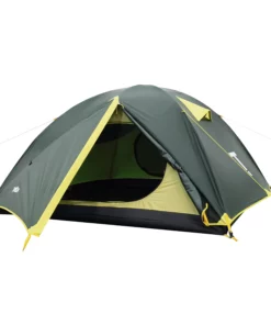 TREQA Light Series 3P Tent fully pitched with dual vestibules, green flysheet, beige interior, and aluminum poles.